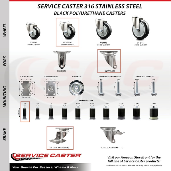 Service Caster 3.5 Inch 316SS Black Poly Swivel 3/4 Inch Expanding Stem Caster Set Brake SCC SCC-SS316EX20S3514-PPUB-BLK-TLB-34-4 - main